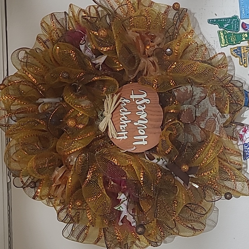 Happy Harvest gold orange brown Holiday wreath decoration shimmery tulle